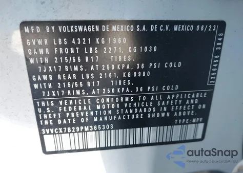 2023 Volkswagen Taos 1.5T S z USA, uszkodzony, nr VIN 3VVCX7B29PM365303